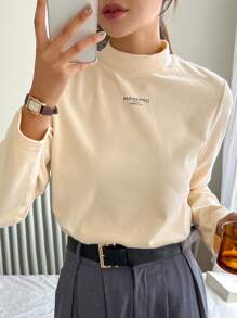 DAZY Letter Graphic Mock Neck Tee Long Sleeve Women Tops,Thermal Lined - Apricot - View 9