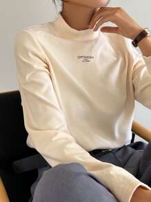 DAZY Letter Graphic Mock Neck Tee Long Sleeve Women Tops,Thermal Lined - Apricot - View 6