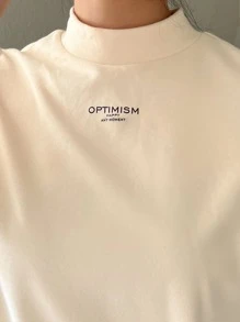 DAZY Letter Graphic Mock Neck Tee Long Sleeve Women Tops,Thermal Lined - Apricot - View 8