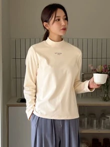 DAZY Letter Graphic Mock Neck Tee Long Sleeve Women Tops,Thermal Lined - Apricot - View 3