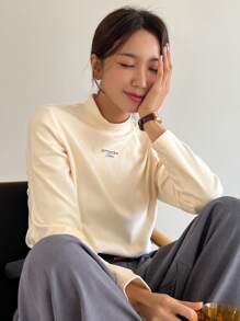 DAZY Letter Graphic Mock Neck Tee Long Sleeve Women Tops,Thermal Lined - Apricot - View 7