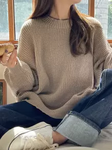 DAZY Eyelet Detail Ribbed Knit Drop Shoulder Jumper - Khaki - View 2