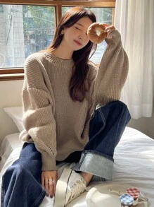 DAZY Eyelet Detail Ribbed Knit Drop Shoulder Jumper - Khaki - View 7