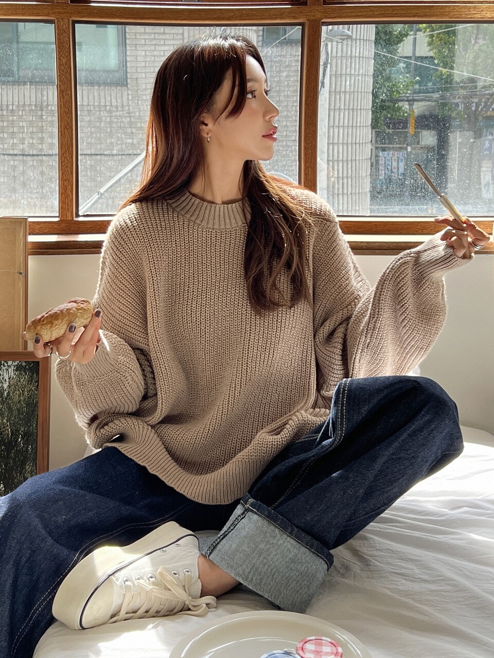 Eyelet Detail Ribbed Knit Drop Shoulder Sweater,Long Sleeve Tops,Fall Clothes