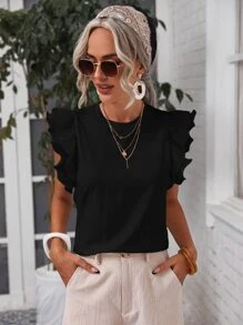 SHEIN LUNE 網眼刺繡荷葉袖素色上衣 - 黑色 - 查看 1