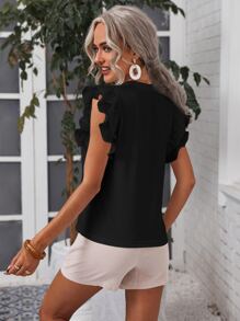 SHEIN LUNE 網眼刺繡荷葉袖素色上衣 - 黑色 - 查看 2