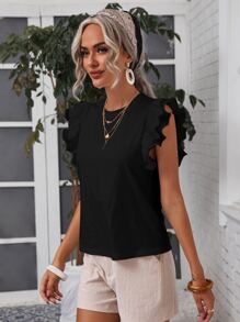 SHEIN LUNE 網眼刺繡荷葉袖素色上衣 - 黑色 - 查看 4