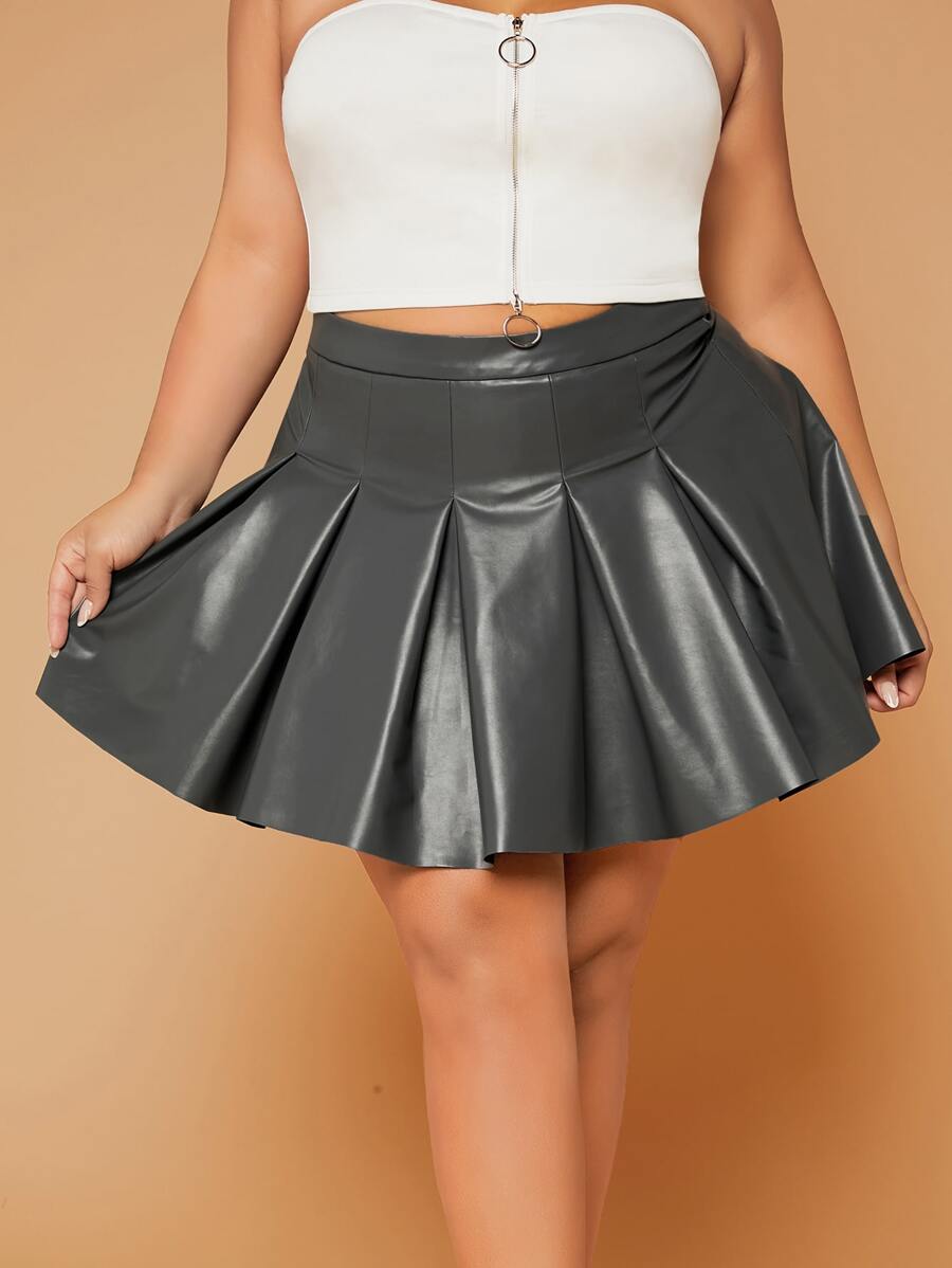 SHEIN SXY Plus High Waist PU Leather Pleated Skirt - Dark Grey - View 1