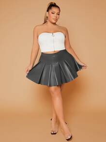 SHEIN SXY Plus High Waist PU Leather Pleated Skirt - Dark Grey - View 5