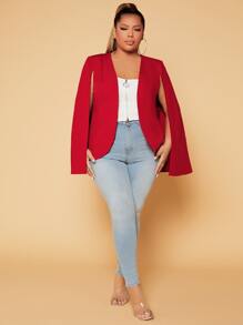 SHEIN SXY Plus Solid Open Front Cloak Sleeve Blazer - Red - View 4