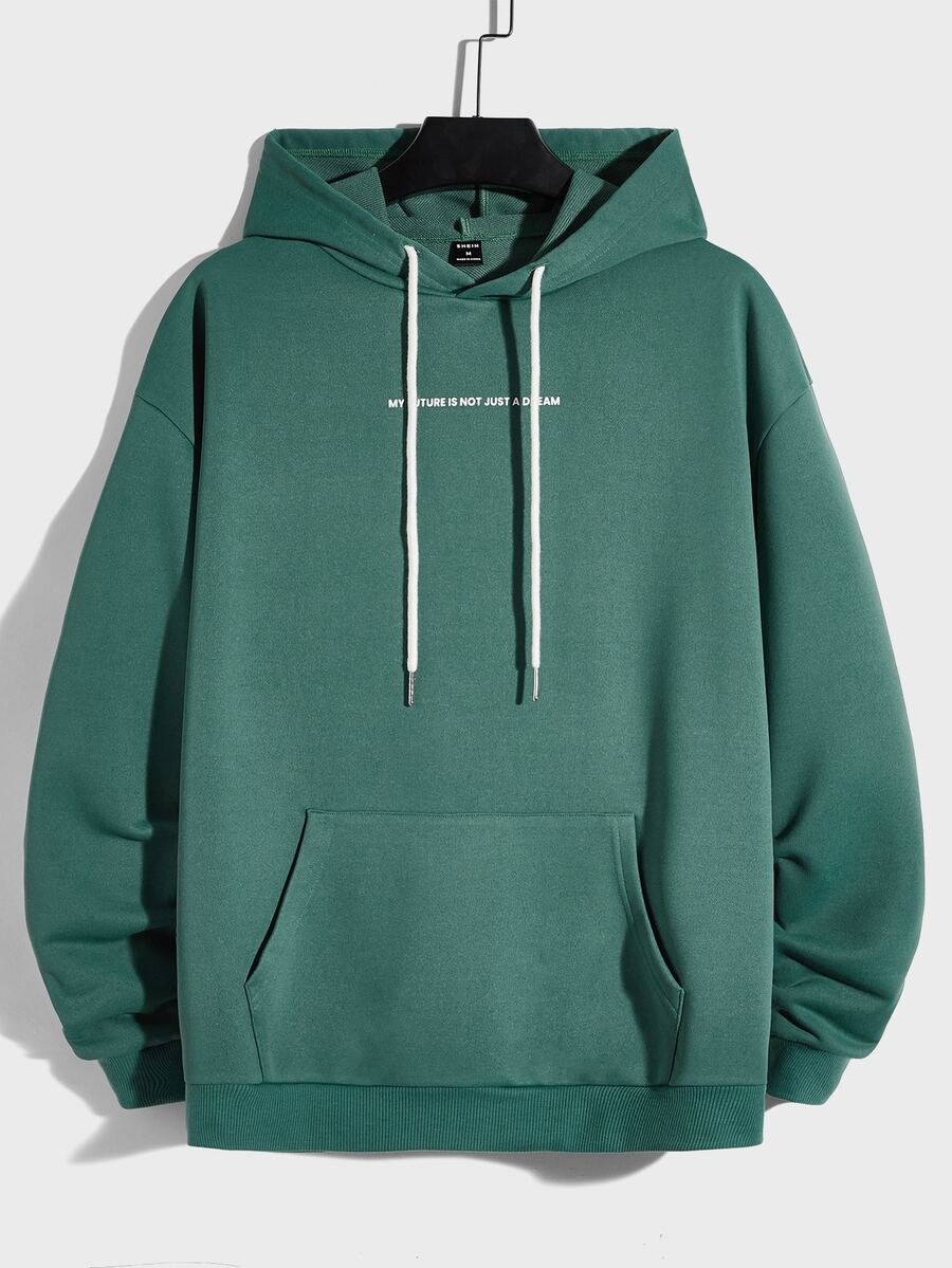 GENTILAND Loose Fit Men's Letter Graphic Kangaroo Pocket Drawstring Hoodie - Green - View 1