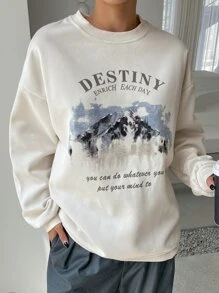 DAZY 山與標語圖案落肩袖保暖套頭衫