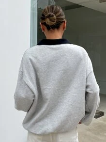 DAZY Slogan Graphic Contrast Collar Drop Shoulder Sweatshirt,Fall Women Clothes - Light Grey - View 2