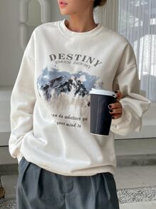 DAZY 山與標語圖案落肩袖保暖套頭衫