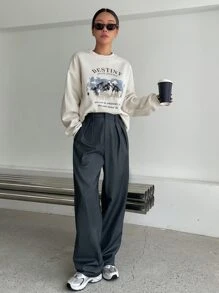 DAZY 山與標語圖案落肩袖保暖套頭衫