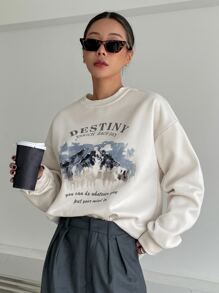 DAZY 山與標語圖案落肩袖保暖套頭衫