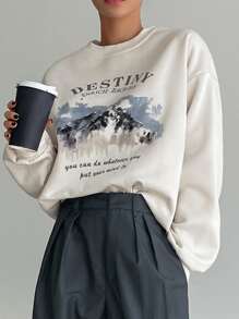 DAZY 山與標語圖案落肩袖保暖套頭衫