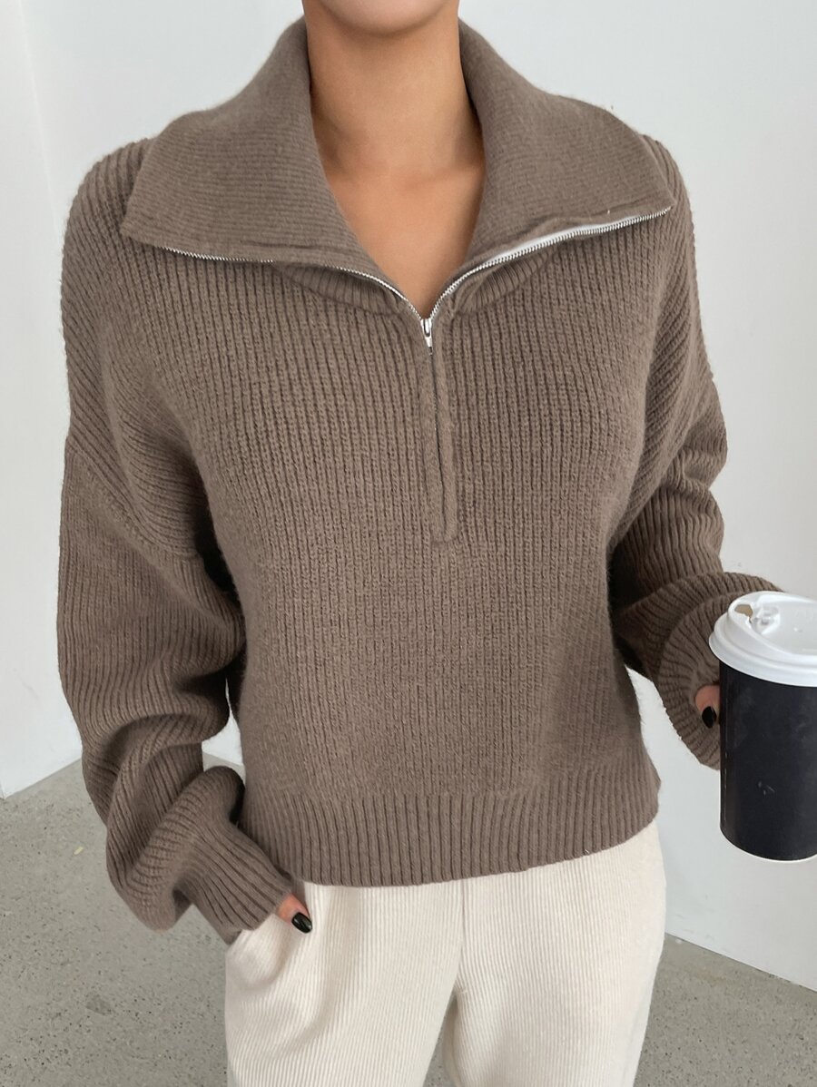 DAZY Half Zipper Drop Shoulder Jumper - Mocha Brown - View 1
