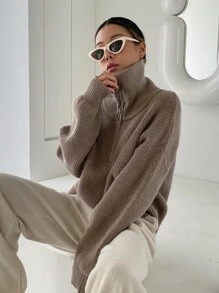 DAZY Half Zipper Drop Shoulder Jumper - Mocha Brown - View 4