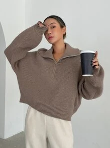 DAZY Half Zipper Drop Shoulder Jumper - Mocha Brown - View 6