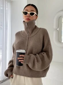 DAZY Half Zipper Drop Shoulder Jumper - Mocha Brown - View 8