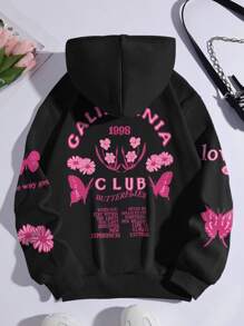 SHEIN Coolane Plus Size Floral And Slogan Graphic Kangaroo Pocket Drawstring Thermal Sweatshirt - Black - View 1