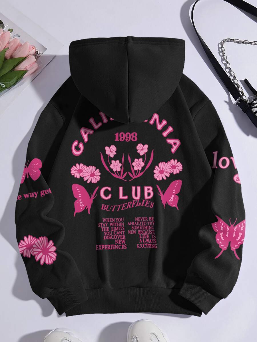 SHEIN Coolane Plus Size Floral And Slogan Graphic Kangaroo Pocket Drawstring Thermal Sweatshirt - Black - View 1