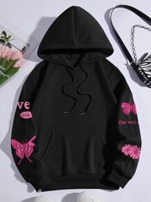 SHEIN Coolane Plus Size Floral And Slogan Graphic Kangaroo Pocket Drawstring Thermal Sweatshirt - Black - View 2