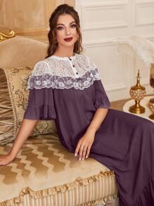 蕾絲拼接荷葉邊下擺睡裙 - 紫色 - 查看 4