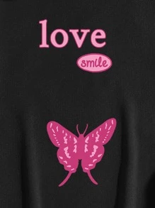 SHEIN Coolane Plus Size Floral And Slogan Graphic Kangaroo Pocket Drawstring Thermal Sweatshirt - Black - View 4