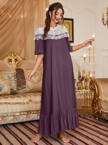 蕾絲拼接荷葉邊下擺睡裙 - 紫色 - 查看 5