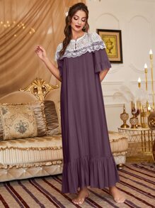 蕾絲拼接荷葉邊下擺睡裙 - 紫色 - 查看 6