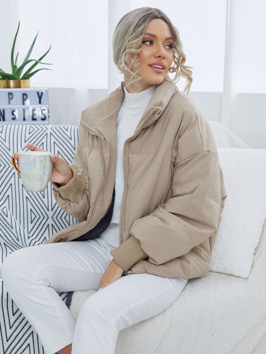 SHEIN Essnce Chamarra con cremallera de hombros caídos - Caqui - Ver 1