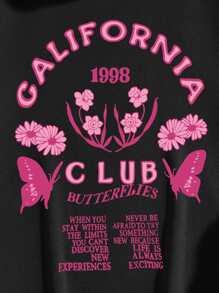 SHEIN Coolane Plus Size Floral And Slogan Graphic Kangaroo Pocket Drawstring Thermal Sweatshirt - Black - View 5