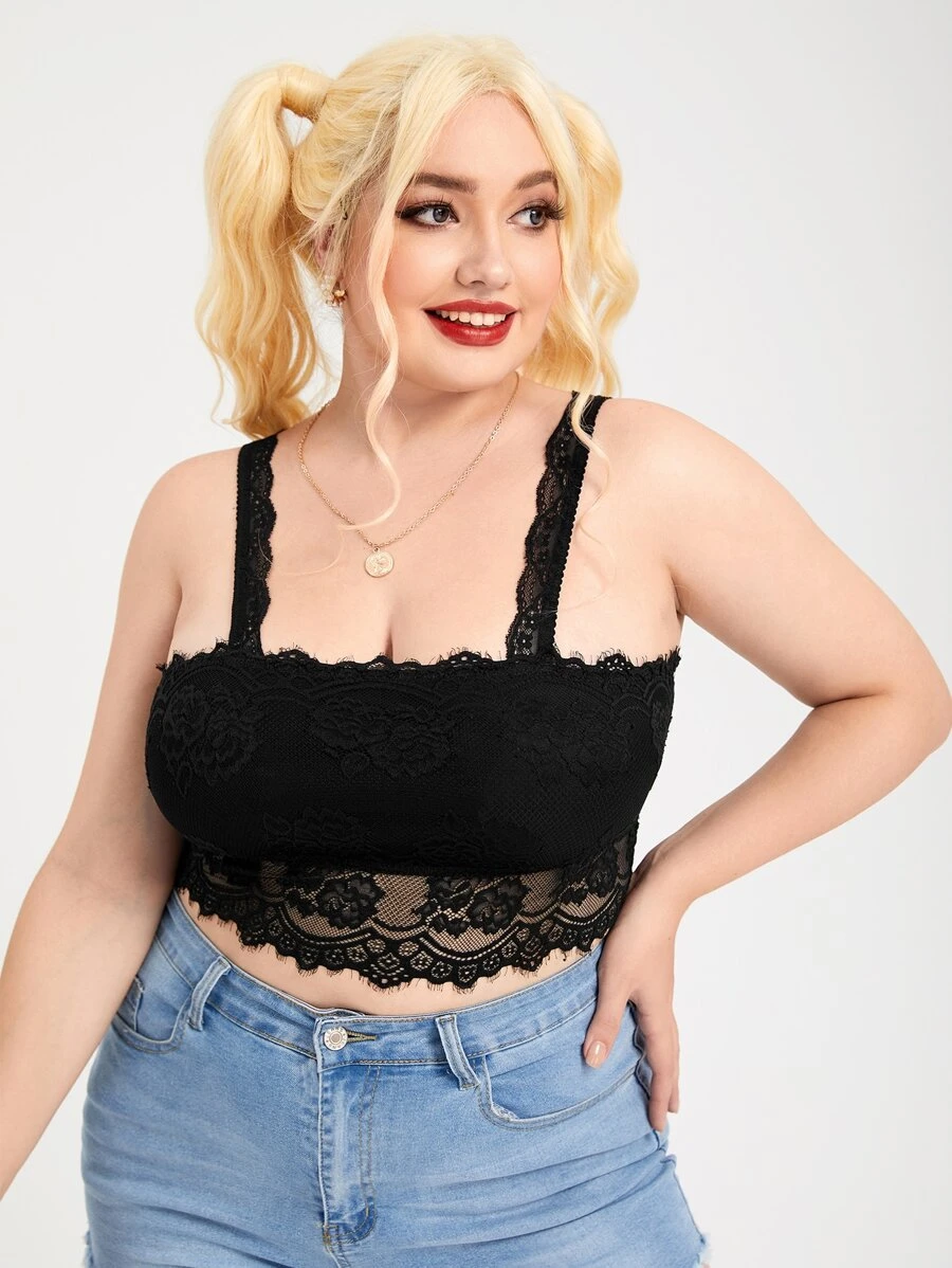 Plus Lace Longline Bra - Black - View 1
