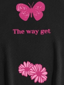 SHEIN Coolane Plus Size Floral And Slogan Graphic Kangaroo Pocket Drawstring Thermal Sweatshirt - Black - View 7