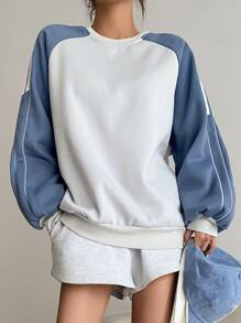 DAZY Colourblock Raglan Sleeve Contrast Tape Thermal Lined Pullover - Blue and White - View 1