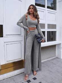 SHEIN Essnce Bộ đồ hai mảnh nữ Thắt lưng Tách cao màu trơn Giải trí - Xám - Xem 5