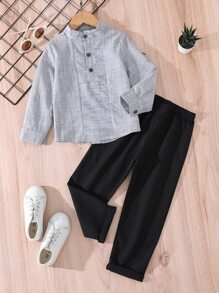SHEIN 小男童半排扣捲邊袖襯衫和褲子