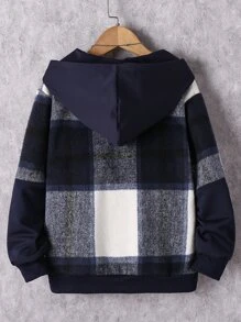SHEIN 男孩格紋補丁貼口袋連帽夾克不帶T恤 - 藍白色 - 查看 2