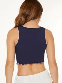 SHEIN EZwear 字母圖案木耳邊背心上衣 - 藏蓝色 - 查看 2