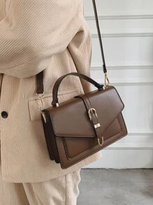 轻巧，带扣装饰翻盖方形包，适合少女、女大学生、新秀和白领大学生、通勤、户外、旅行、郊游、商务休闲女包，非常适合办公室、商务和工作 - 咖啡棕 - 查看 4
