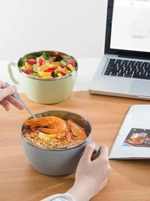 1入組隨機不銹鋼素色可水洗飯碗帶蓋