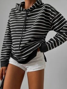 RueChic Striped Drop Shoulder Drawstring Hooded Sweatshirt - Black - View 1