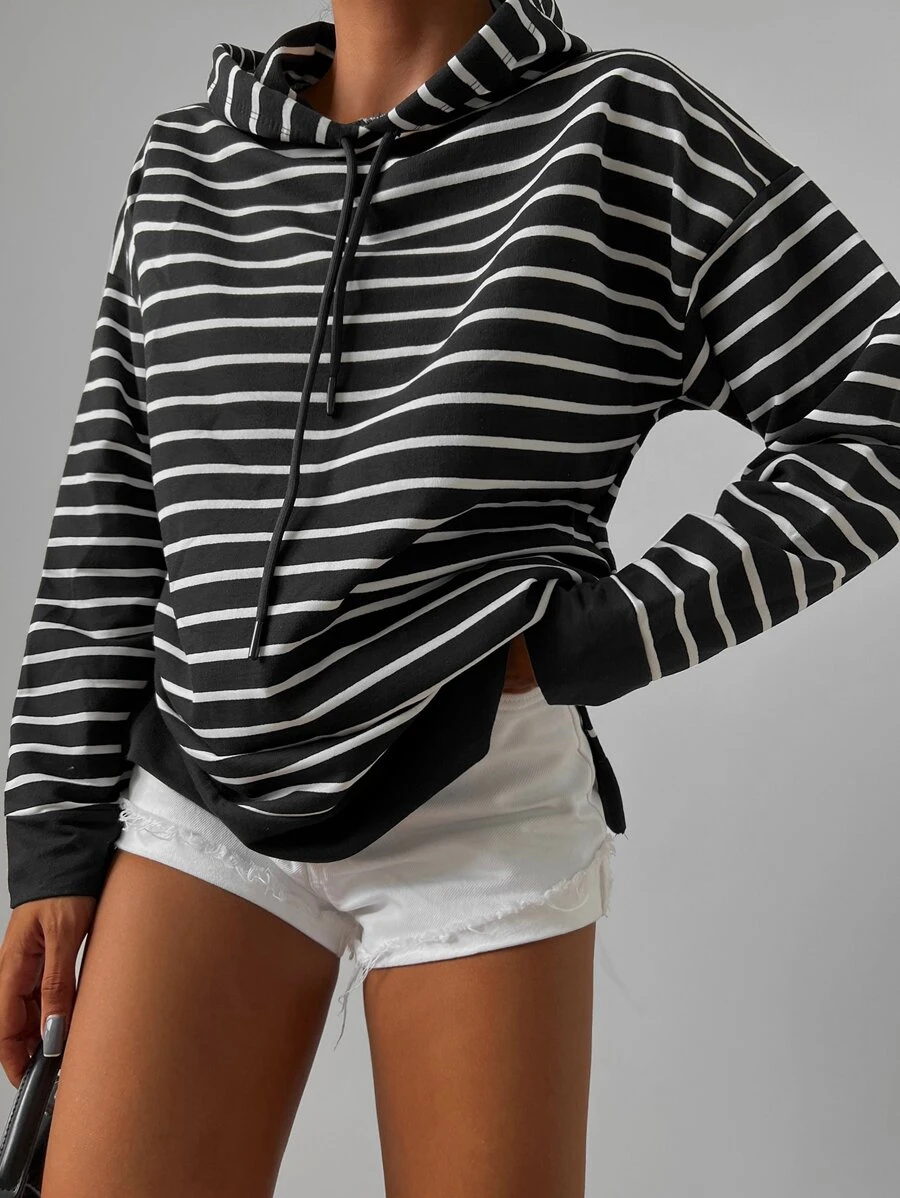 RueChic Striped Drop Shoulder Drawstring Hooded Sweatshirt - Black - View 1