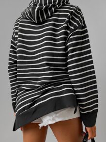 RueChic Striped Drop Shoulder Drawstring Hooded Sweatshirt - Black - View 2