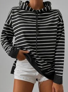 RueChic Striped Drop Shoulder Drawstring Hooded Sweatshirt - Black - View 3