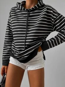 RueChic Striped Drop Shoulder Drawstring Hooded Sweatshirt - Black - View 5