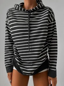 RueChic Striped Drop Shoulder Drawstring Hooded Sweatshirt - Black - View 6