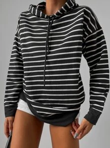 RueChic Striped Drop Shoulder Drawstring Hooded Sweatshirt - Black - View 7